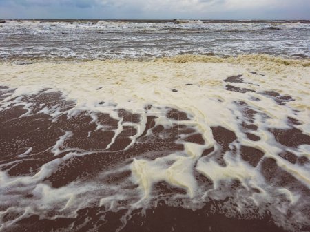Espuma sucia en la orilla de un mar tormentoso