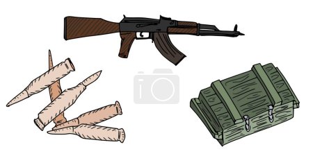 Téléchargez les illustrations : Ensemble d'armes, boîte avec cartouches et mitrailleuse soviétique. image vectorielle de stock - en licence libre de droit