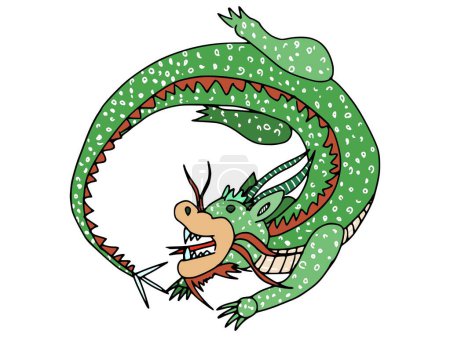horned dragon bites its tail green round. stock vector image