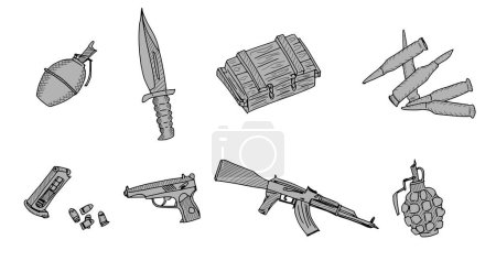 Téléchargez les illustrations : Armes à lame et armes à feu esquisse des dessins en noir et blanc. image vectorielle de stock - en licence libre de droit