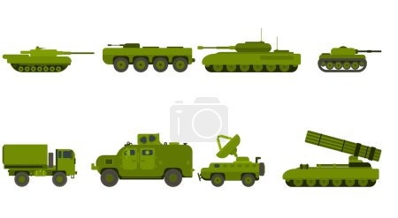 tanks and military equipment are dangerous weapons for artillery. stock vector flat style