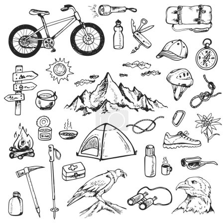 Set von Doodle Mountain Camping Designelementen. Handgezeichnete Vektorillustrationen isoliert auf weißem Hintergrund.