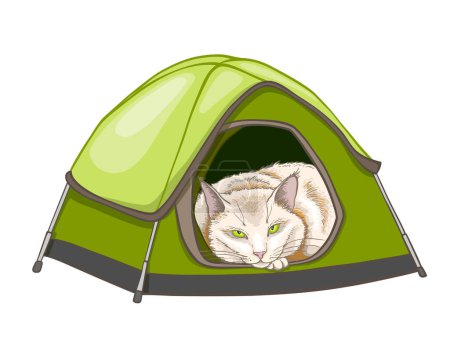 Weiße Hauskatze im grünen Zelt. Handgezeichnete Vektorillustration