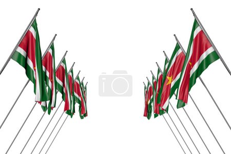 Photo for Beautiful many Suriname flags hanging on in corner poles from left and right sides isolated on white - any holiday flag 3d illustration - Royalty Free Image