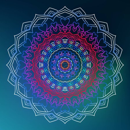 Illustration for Round gradient mandala on blue isolated background.  Ethnic mandala with colorful tribal ornament Vector boho mandala in blue and red colors. Yoga template - Royalty Free Image