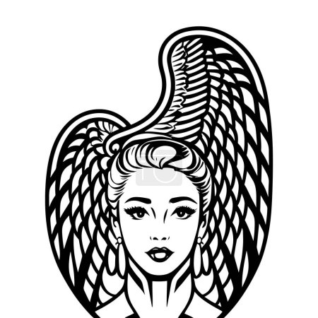 Ilustración de Ángel femenino blanco y negro con alas, ilustración aislada de religión retro con dama de belleza cristiana - Imagen libre de derechos