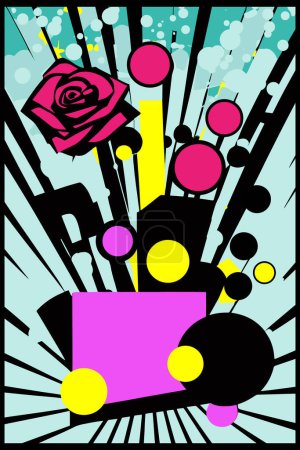 Pop art vintage abstract illustration with rose, cartoon retro colorful superhero cover with cool funny dynamic