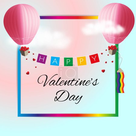 Illustration for Spectrum color as pride color frame with wording for greeting Valentine's day decorated with two hot air balloon flying on cloudy sky with pride flag tied together with small flag. Vector illustration background. - Royalty Free Image