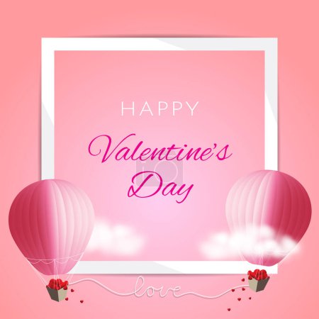 Illustration for White frame with wording for greeting Valentine's day decorated with two hot air balloon flying on cloudy sky tied together with white rope as love wording. Vector illustration background. - Royalty Free Image