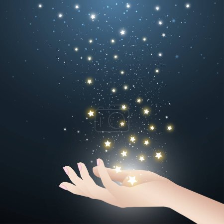Sterne in sternenklarer Nacht, die in die Hand fallen. Ein abstrakter astronomischer Hintergrund. Ein Konzept für erfüllte Wünsche oder Tagträume. Vektorillustration.