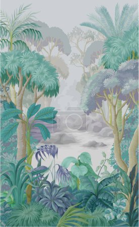 Illustration for Jungle landscape with trees and plants. Vector interior print. - Royalty Free Image