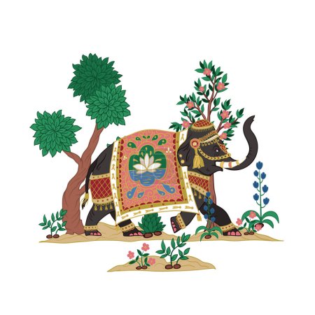 Téléchargez les illustrations : Éléphant indien avec arbres et plantes isolés. Vecteur - en licence libre de droit