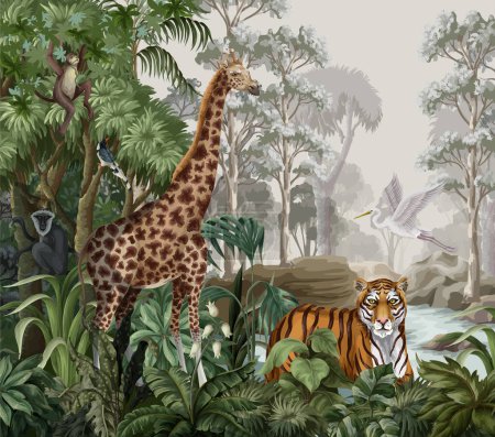 Téléchargez les illustrations : Paysage de jungle avec des animaux sauvages pour les enfants. Vecteur - en licence libre de droit