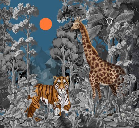 Téléchargez les illustrations : Paysage jungle monochrome avec des animaux sauvages pour les enfants. Vecteur - en licence libre de droit