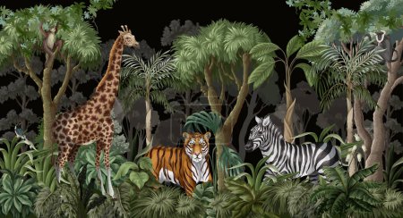 Jungle landscape with wild animals for kids. Vector