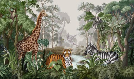 Téléchargez les illustrations : Paysage de jungle avec des animaux sauvages pour les enfants. Vecteur - en licence libre de droit