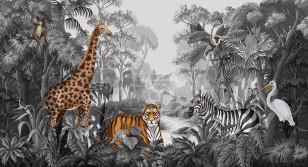 Téléchargez les illustrations : Paysage jungle monochrome avec des animaux sauvages pour les enfants. Vecteur - en licence libre de droit