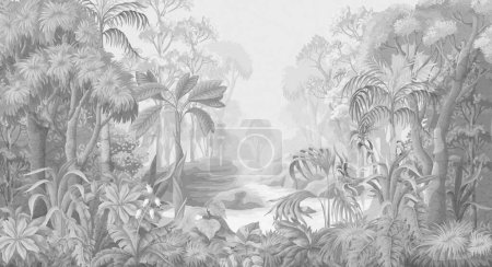 Ilustración de Paisaje de selva monocromática. Vector impresión interior - Imagen libre de derechos