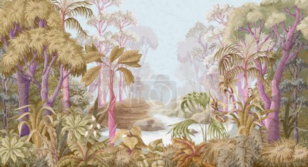Illustration for Jungle landscape with trees and plants. Vector interior print. - Royalty Free Image