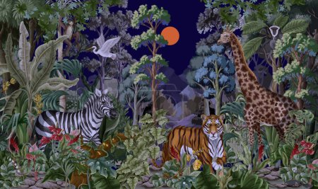 Illustration for Night jungle landscape with wild animals for kids. Vector - Royalty Free Image