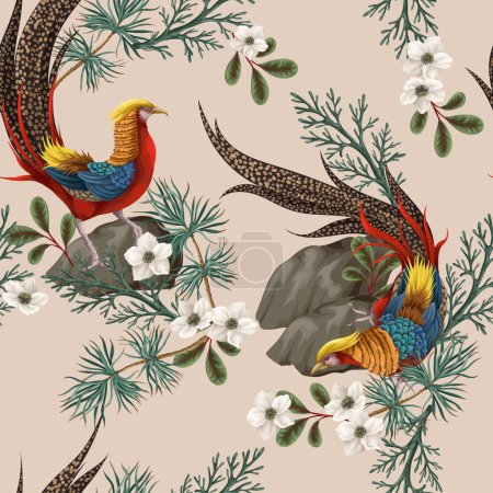 Illustration for Seamless pattern with gold pleasant and fir branch. Vector - Royalty Free Image