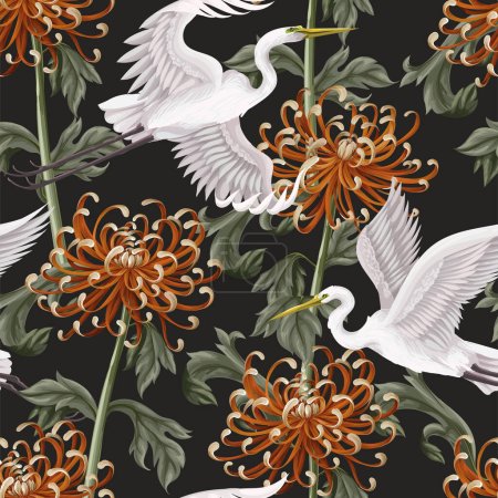 Ilustración de Patrón sin costuras con garza blanca y crisantemo, margarita dorada. Vector - Imagen libre de derechos