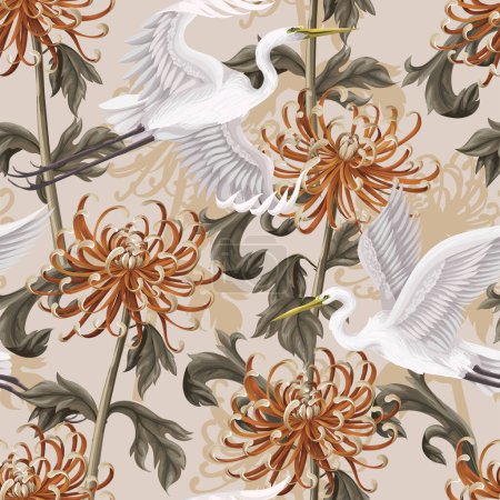 Nahtloses Muster mit weißem Reiher und Chrysanthemen, goldenes Gänseblümchen. Vektor