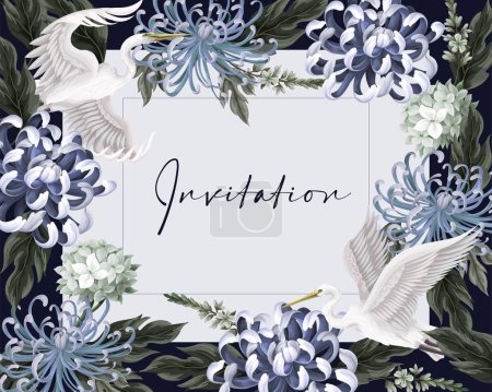 Téléchargez les illustrations : Carte avec héron blanc et chrysanthème, marguerite dorée. Vecteur - en licence libre de droit