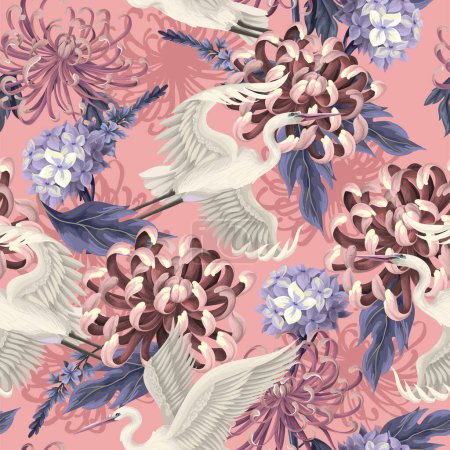 Seamless pattern with white heron and chrysanthemum, golden-daisy. Vector