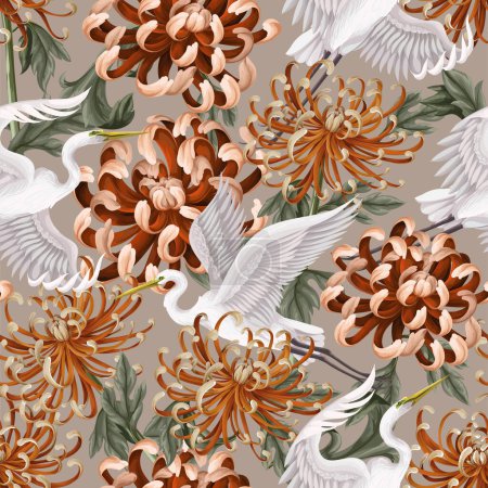Téléchargez les illustrations : Motif sans couture avec héron blanc et chrysanthème, marguerite dorée. Vecteur - en licence libre de droit