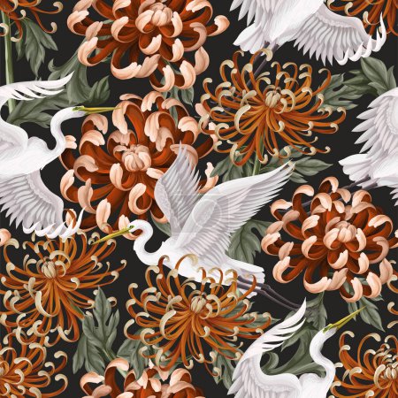 Seamless pattern with white heron and chrysanthemum, golden-daisy. Vector