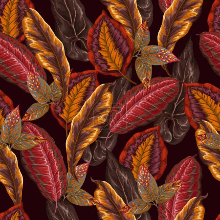 Téléchargez les illustrations : Motif sans couture vif avec des feuilles tropicales de couleur chaude. Vecteur - en licence libre de droit