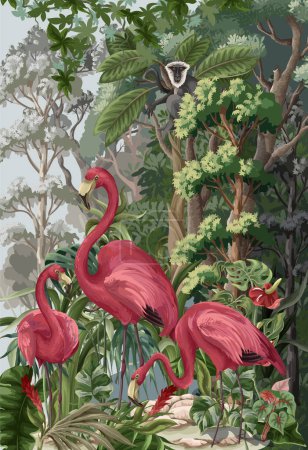 Flamingi w tropikalnym lesie. Wektor