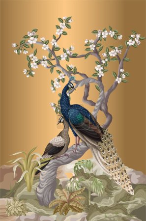 Téléchargez les illustrations : Peinture murale Chinoiserie avec paons et fleurs. Vecteur - en licence libre de droit