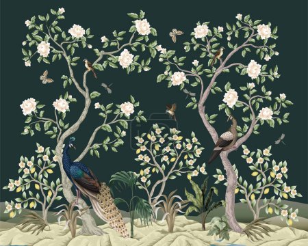 Ilustración de Mural de chinoiserie con pavos reales y árboles de flores. Vector - Imagen libre de derechos