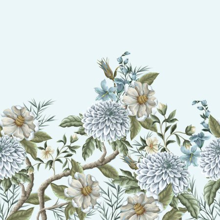Ilustración de Frontera con flores de dalia y magnolia. Vector. - Imagen libre de derechos