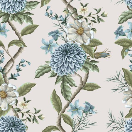 Ilustración de Patrón sin costuras con flores de dalia y magnolia. Vector - Imagen libre de derechos