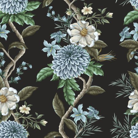 Ilustración de Patrón sin costuras con flores de dalia y magnolia. Vector - Imagen libre de derechos