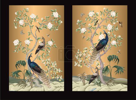 Téléchargez les illustrations : Peinture murale Chinoiserie avec paons et fleurs. Vecteur - en licence libre de droit
