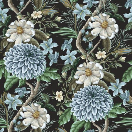 Płynny wzór z kwiatami dahlii i magnolii. Wektor