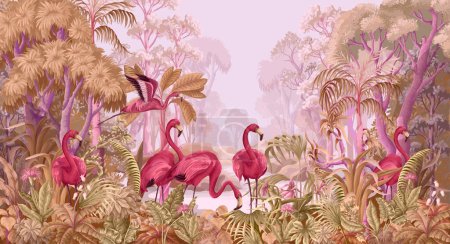 Téléchargez les illustrations : Flamants roses dans la forêt tropicale. Vecteur - en licence libre de droit