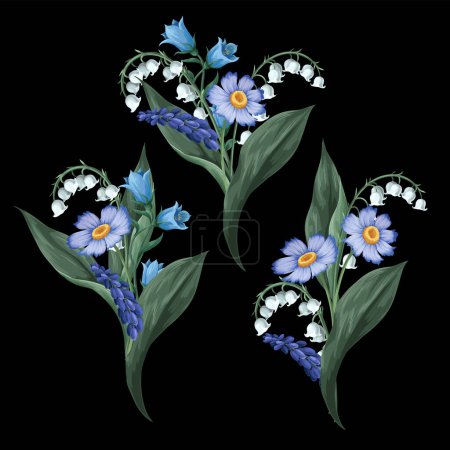 Ilustración de Ramos con lirios del valle y otras flores. Vector. - Imagen libre de derechos