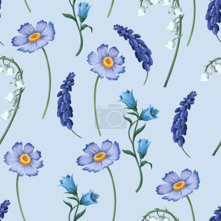 Seamless pattern with lilies of the valley and other flowers. Vector