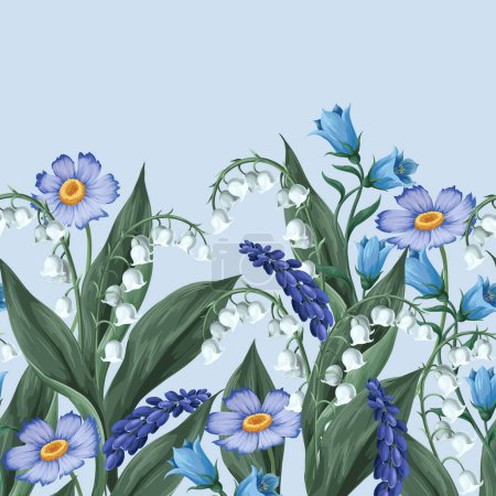 Border with lilies of the valley and other flowers. Vector