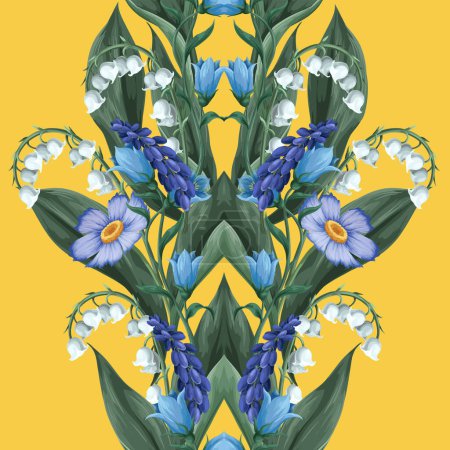Border with lilies of the valley and other flowers. Vector