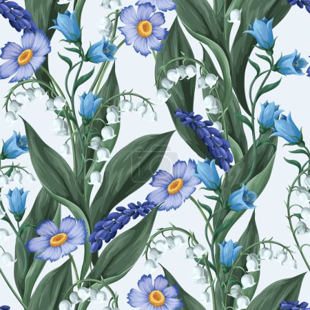 Seamless pattern with lilies of the valley and other flowers. Vector