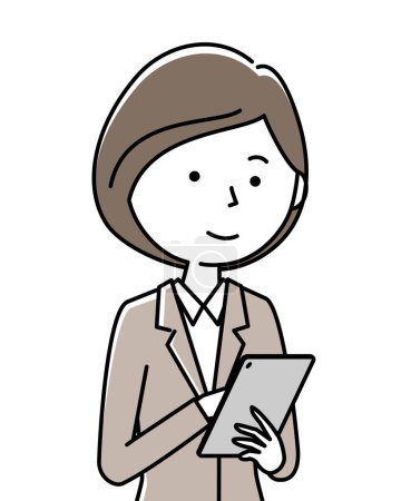 Téléchargez les illustrations : A woman in a suit operating a tablet/It is an illustration of a woman in a suit who operates a tablet. - en licence libre de droit
