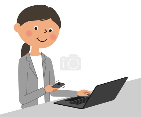 Eine Frau im Anzug, die ihr Smartphone kontrolliert, während sie einen Computer bedient / Dies ist eine Illustration einer Frau im Anzug, die ihr Smartphone kontrolliert, während sie einen Computer bedient.