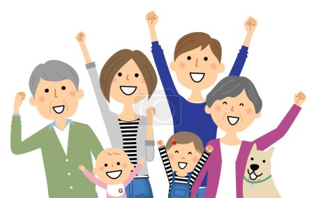 Familia de tres generaciones levantando brazos / Es una ilustración de una familia de tres generaciones levantando sus brazos.