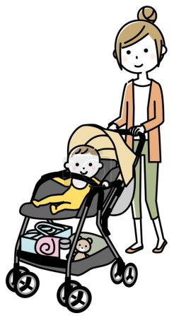 Ausgehen mit Kinderwagen, Baby und Mutter / Dies ist eine Illustration eines Babys und einer Mutter, die im Kinderwagen ausgehen.